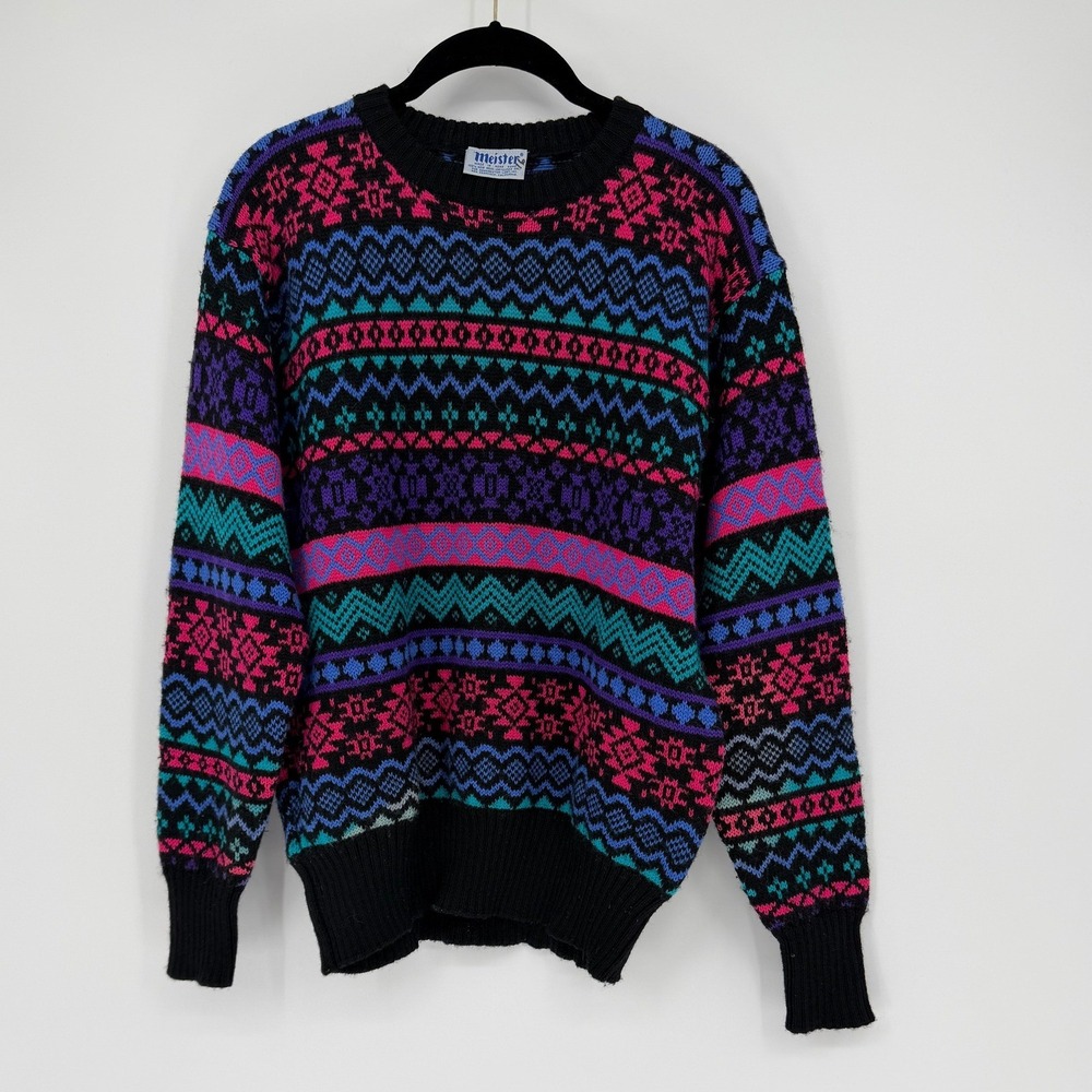 Vintage Meister Wool Fair Isle Sweater Womens Large Black Pink Neon Geometric